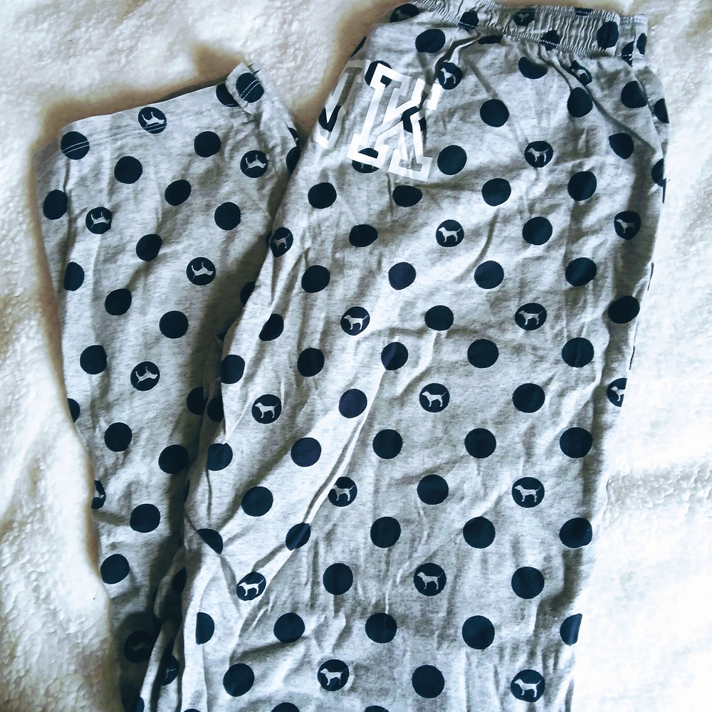 VS PINK Gray Pajama Bottoms with Playful Blue Polka Dot Pattern
